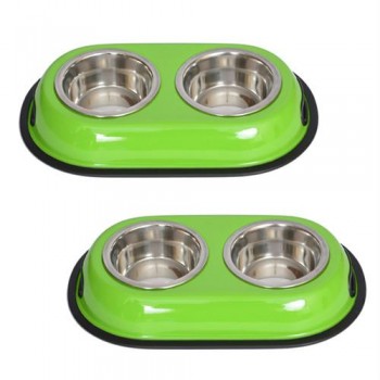 2 Pack Color Splash Stainless Steel Double Diner (Green) for Dog/Cat - 1/2 Pt - 8oz - 1 cup