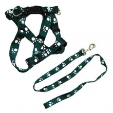 Paw Print Adjustable Harness with Leash - Green - X-Small